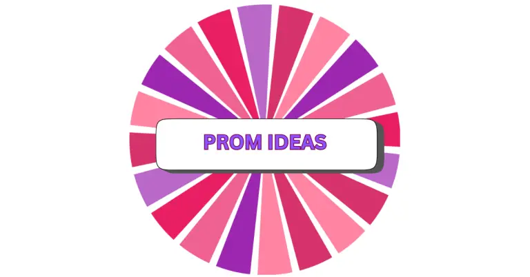 A vibrant PROM wheel with alternating pink, purple, and red segments, featuring a white rectangle in the center that displays PROM IDEAS in bold purple letters.
