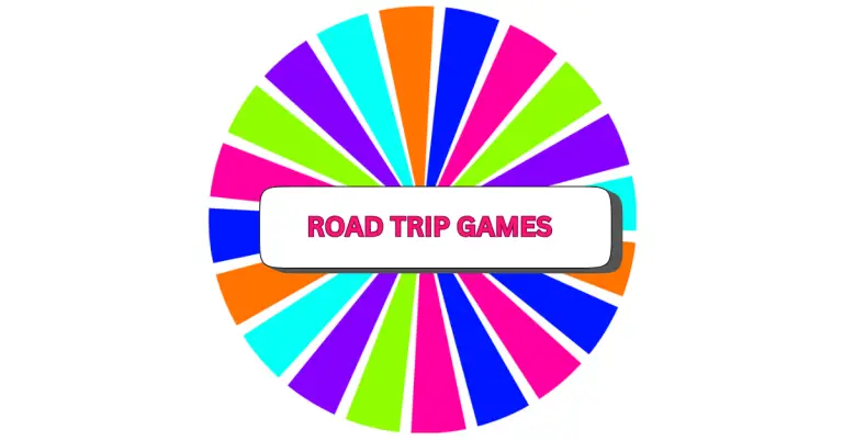 A colorful spinning wheel with segments in blue, orange, green, pink, and purple highlights the fun of ROAD TRIP GAMES. In the center, a white rectangle displays ROAD TRIP GAMES in bold, pink letters.