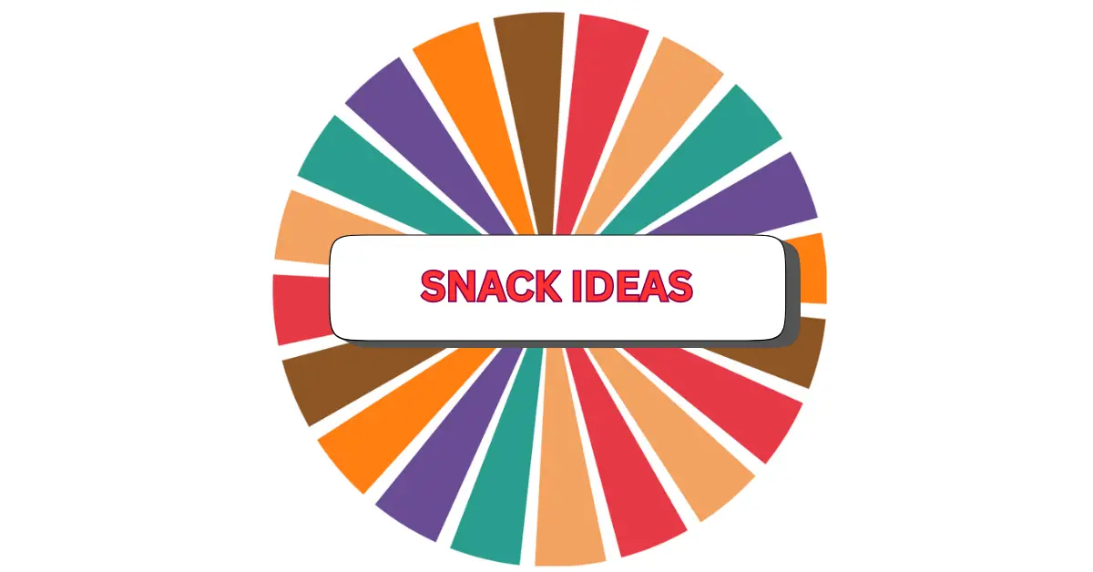 A colorful wheel with alternating orange, purple, teal, brown, and red segments features a white rectangle in the center that says SNACK IDEAS in bold red letters—perfect for discovering fun and tasty snacks.