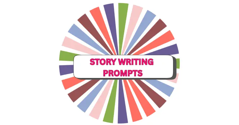 A colorful wheel with alternating pastel and bright segments radiates from the center. In the middle, a white rectangle boldly showcases STORY WRITING PROMPTS in vibrant pink and red letters—perfect inspiration for creative story writing prompts.