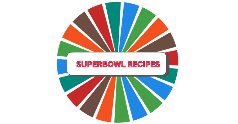A colorful circular pattern with alternating segments of red, green, blue, orange, and brown. In the center, a white rectangle with SUPERBOWL RECIPES written in bold red letters.