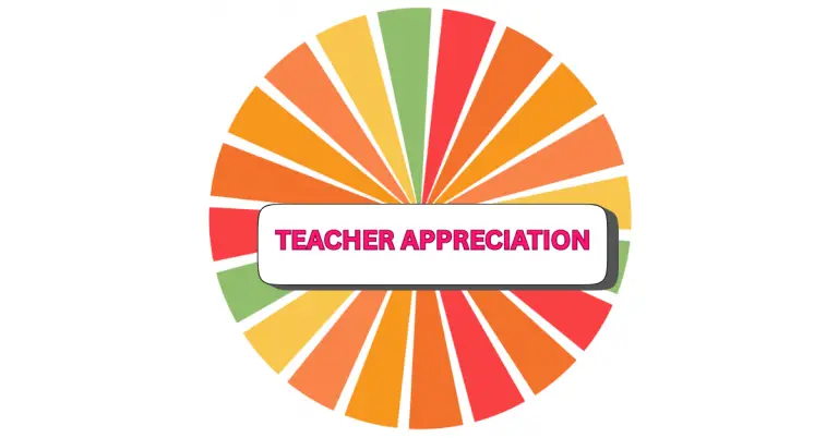 An oval design with colorful orange, yellow, and green segments radiating outward, featuring a white rectangle in the center with the words TEACHER APPRECIATION in bold pink letters.