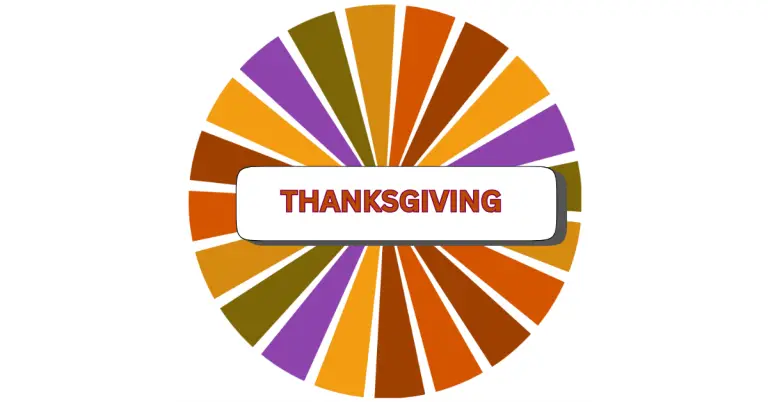 Colorful oval with alternating orange, gold, purple, and brown wedges radiate from the center. A white box with a drop shadow sits in the middle, displaying “THANKSGIVING” in bold red letters—a festive celebration of thanksgiving.