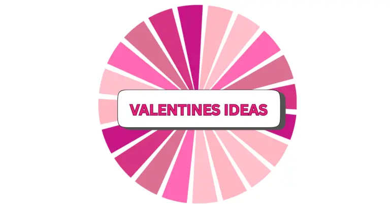A circular chart with pink and purple segments surrounds a white rectangle in the center that features the text VALENTINES IDEAS in bold, pink letters—perfect for inspiring your next Valentines celebration.