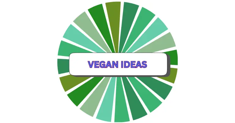 An oval-shaped vegan graphic features alternating green segments radiating outward and a central white rectangle outlined in gray, displaying the words VEGAN IDEAS in bold purple and blue letters.