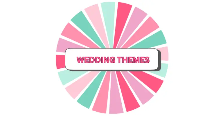 A colorful circular graphic with alternating pink, red, mint green, and light teal segments highlights popular wedding themes, featuring a white rectangle in the center with the words WEDDING THEMES in bold pink letters.