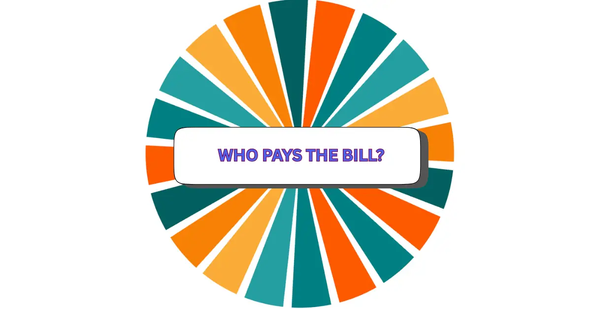 A colorful spinning wheel with orange, teal, and yellow sections. In the center, a white box with bold purple text asks the playful question: “WHO PAYS THE BILL?”—making it clear its time to decide WHO PAYS!.