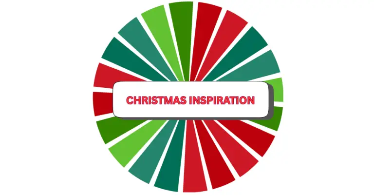 A circular graphic divided into red and green segments with a white rectangle in the center showcasing christmas inspiration in bold red letters.