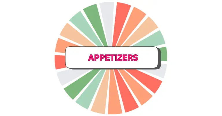 A colorful segmented wheel with orange, green, red, and gray sections surrounds a white rectangle labeled APPETIZERS in bold pink letters, highlighting a vibrant selection of appetizers.
