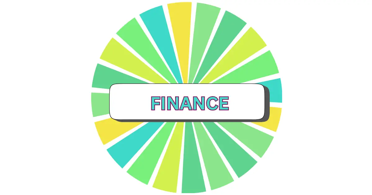A colorful circular graphic divided into green, yellow, and blue segments with a white rectangular label in the center displaying the word FINANCE in bold, multicolored outlined letters.