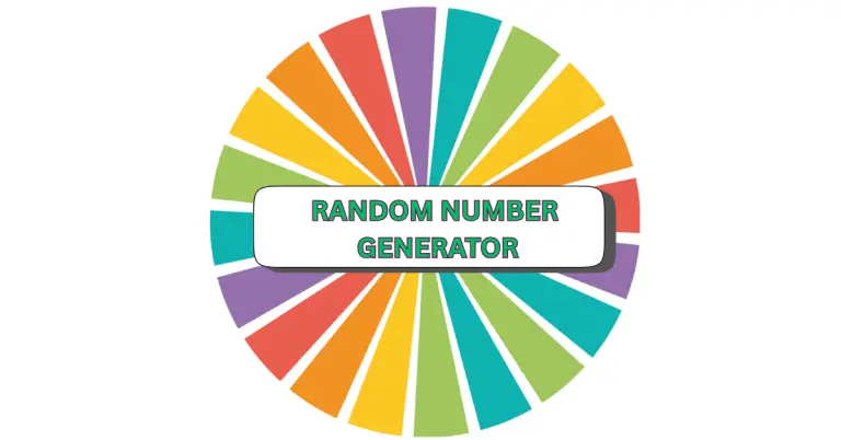 A colorful wheel divided into 16 segments, with RANDOM NUMBER GENERATOR in bold green letters on a white rectangle in the center, highlights its use as a random number generator game tool.