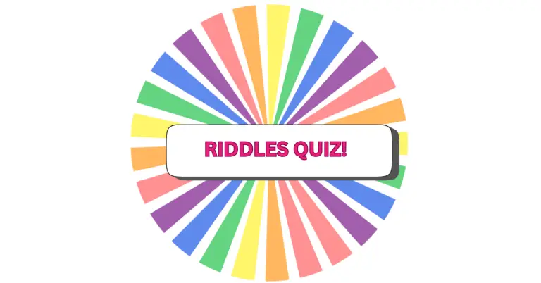 Text in the center reads riddles quiz! over a white banner, set against a colorful, radiating burst pattern with pastel segments in a circular arrangement, creating an inviting look for any riddles quiz challenge.