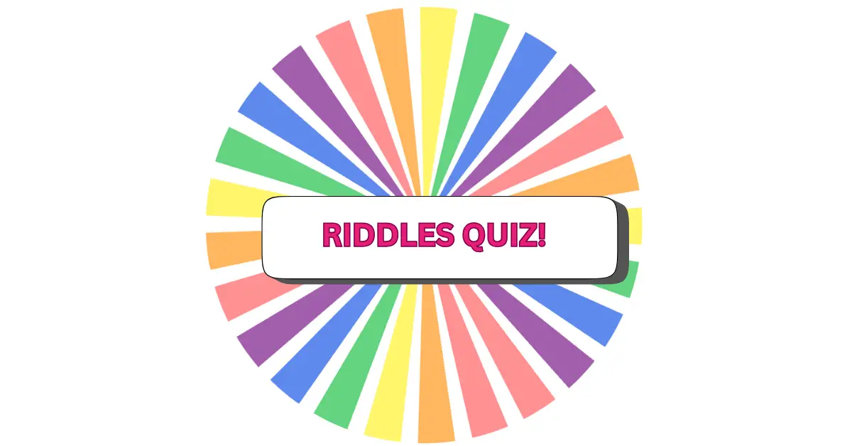 Text in the center reads riddles quiz! over a white banner, set against a colorful, radiating burst pattern with pastel segments in a circular arrangement, creating an inviting look for any riddles quiz challenge.