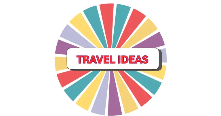 A colorful travel wheel divided into purple, yellow, teal, and red segments features a white box in the center displaying the words TRAVEL IDEAS in bold red letters.