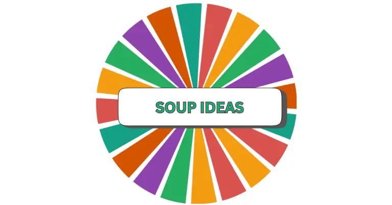 A colorful spinning wheel divided into orange, green, purple, and red sections features a white box in the center displaying SOUP IDEAS in green letters—perfect for choosing new soups to try.